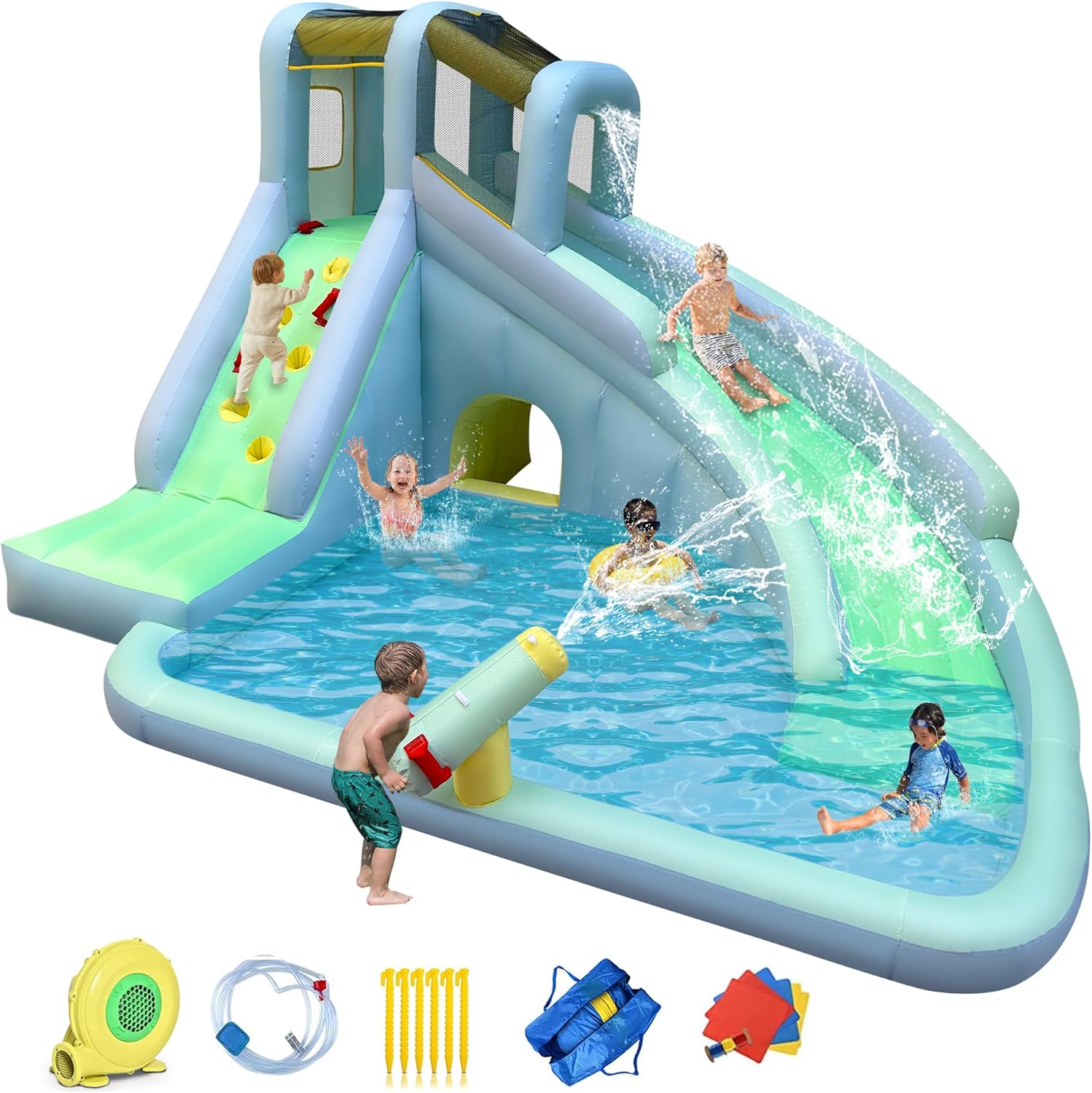 Kids Outdoor House With Slide - 6-in-1 어린이용 에어바운스 워터파크, 550W 송풍기