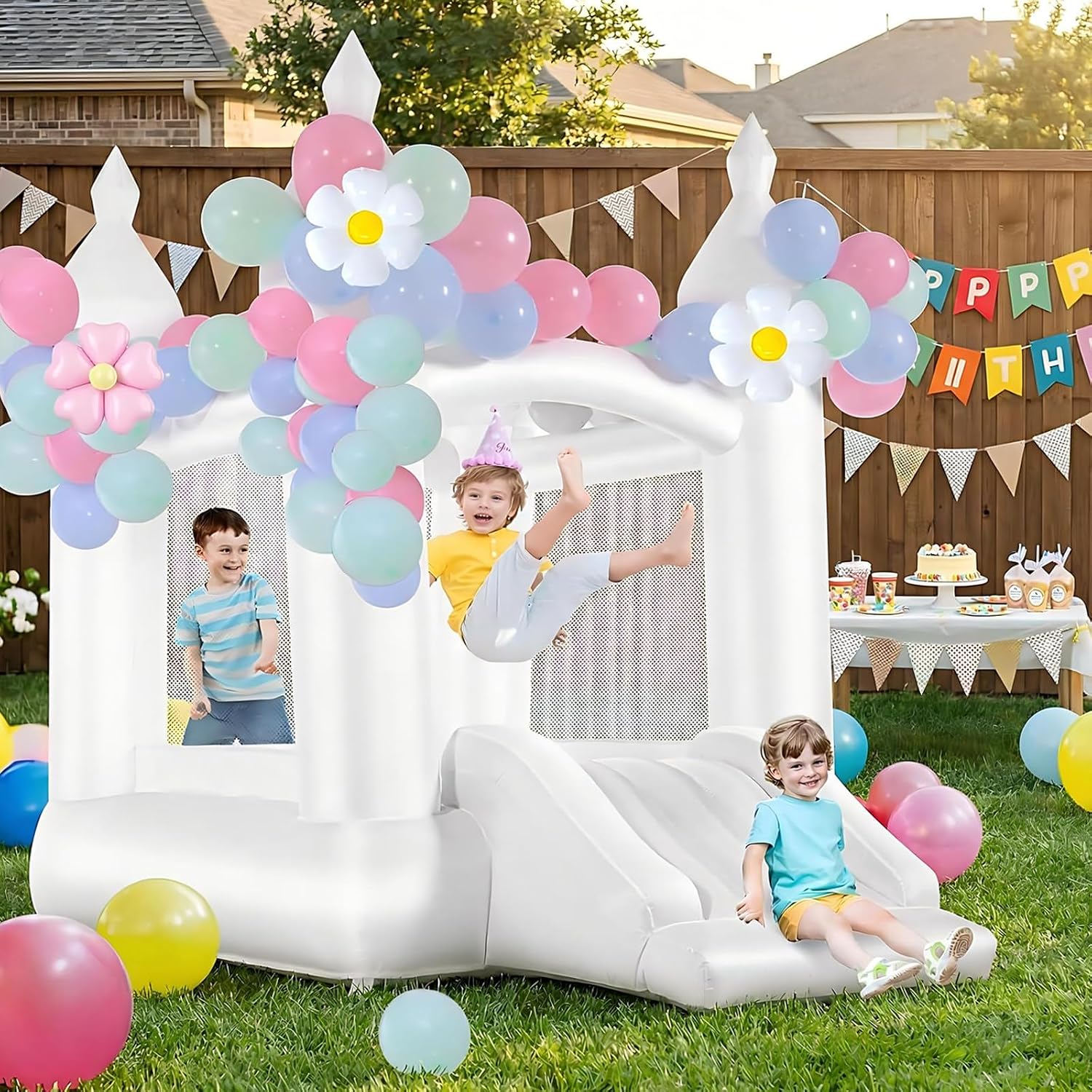 Kids Outdoor House With Slide - 흰색 실내외 겸용 어린이용 바운스 하우스(3~8세)