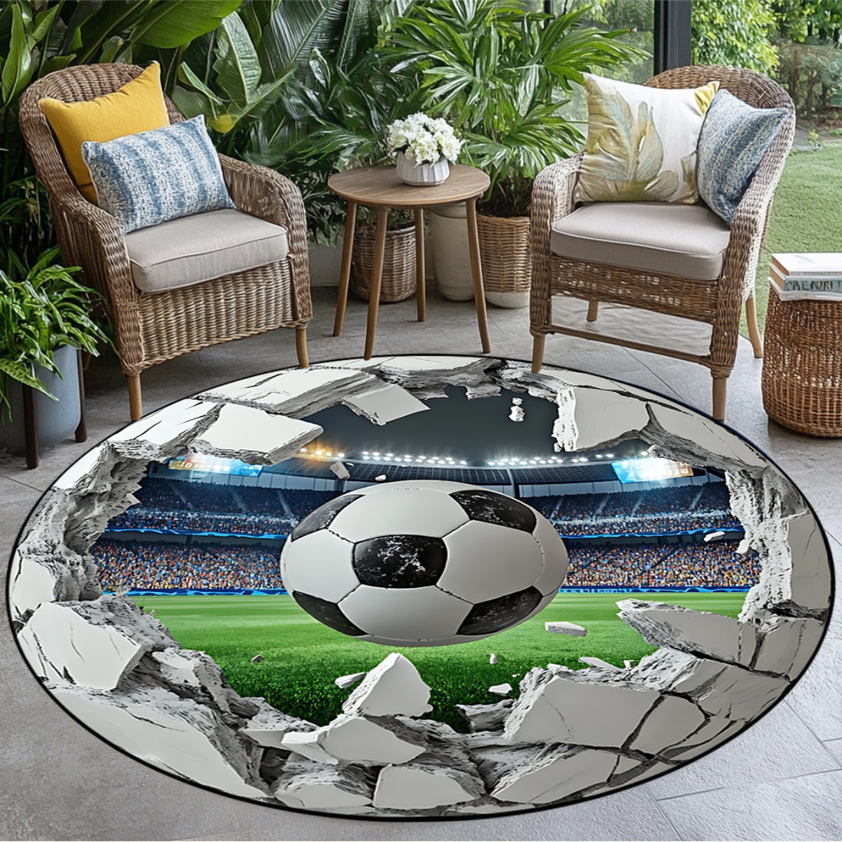 Kids Outdoor Mat Waterproof - 3D 축구장 원형 러그, 사실적인 축구