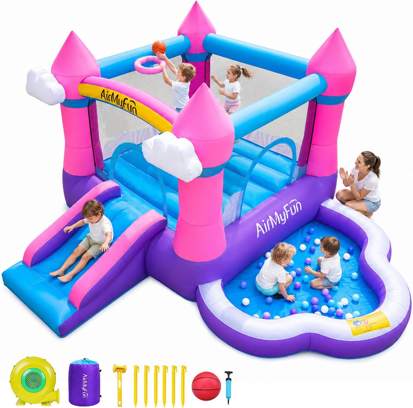 Kids Outdoor House With Slide - 핑크색 실내/외 겸용 어린이용 에어바운스(3~8세) -